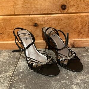 BCBG black satin rhinestone strappy heels